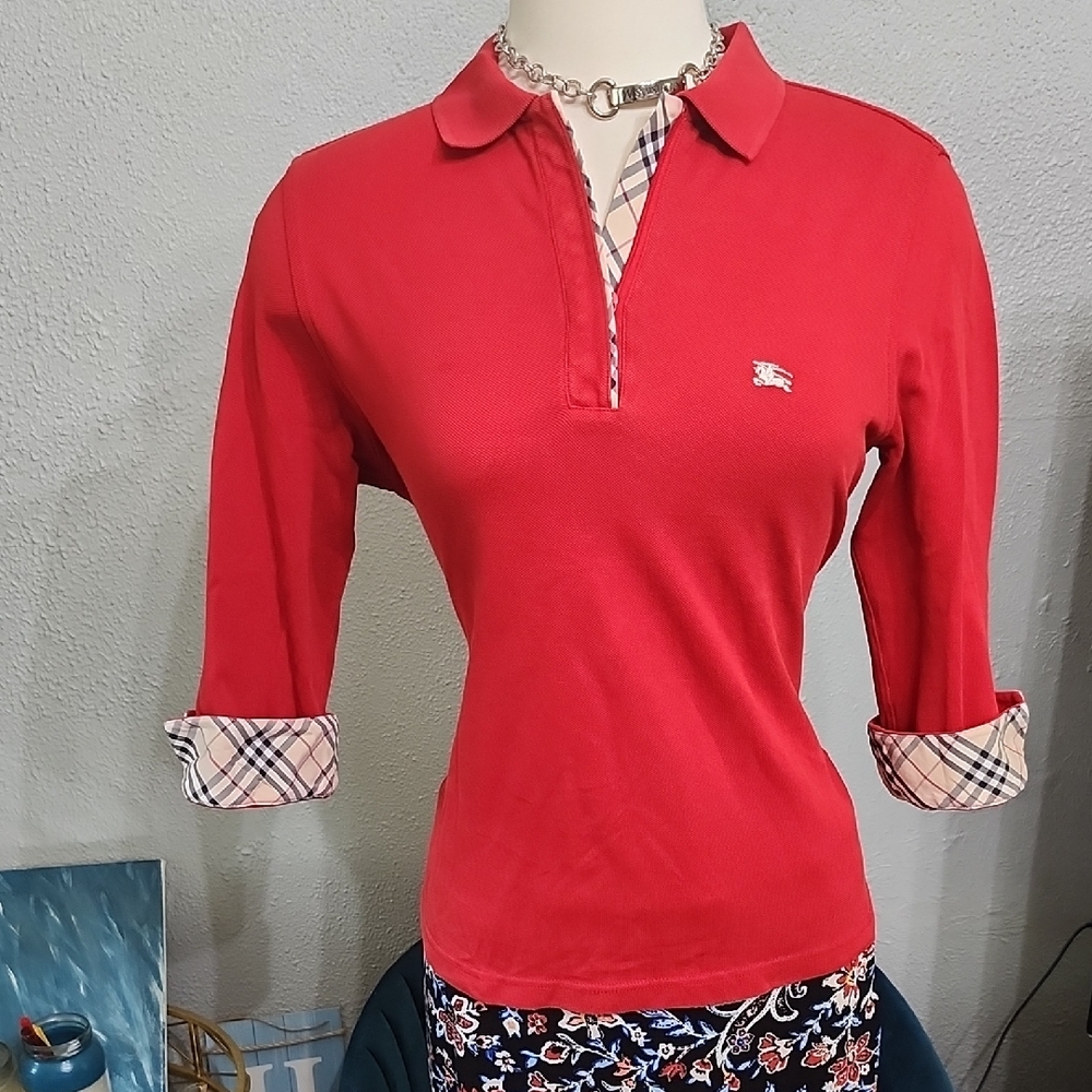 Burberry Red Button Down Shirt with Check Accents
